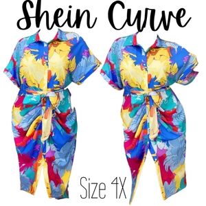 Shein Curve Vacay Plus Floral Print Batwing Sleeve Belted Shirt Dress